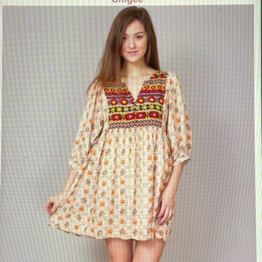 Umgee Taupe Aztec Print Babydoll Dress with 3/4 Sleeves